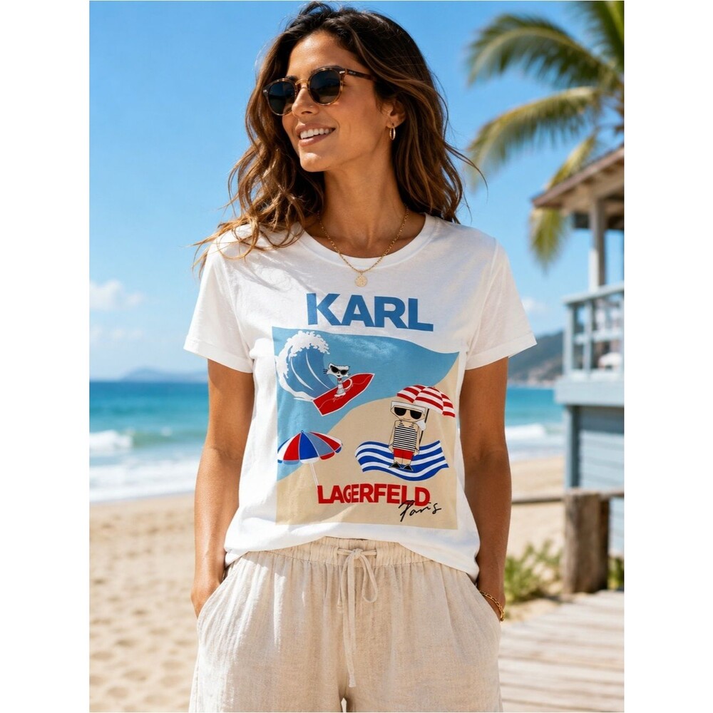 Karl Lagerfeld Paris Beach Graphic Choupette Surf White Cotton T-Shirt Women’s S